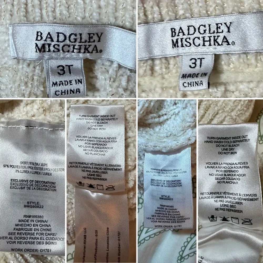 Badgley Mischka Cream Cable Knit Pearl Button Gold Metallic Sweater Set Girl 3T